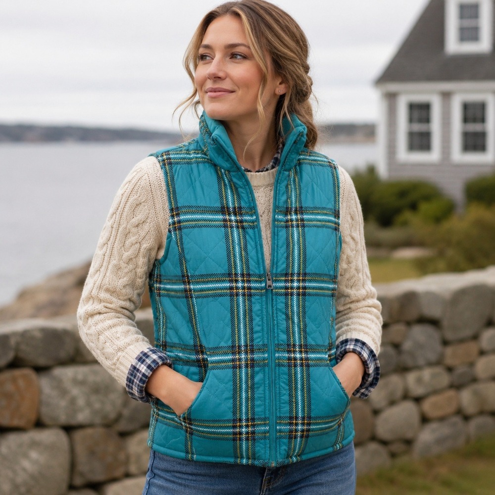 Denim & Co Plaid Quilted Fleece Lined Zip Up Vest Womens Medium Preppy Layer